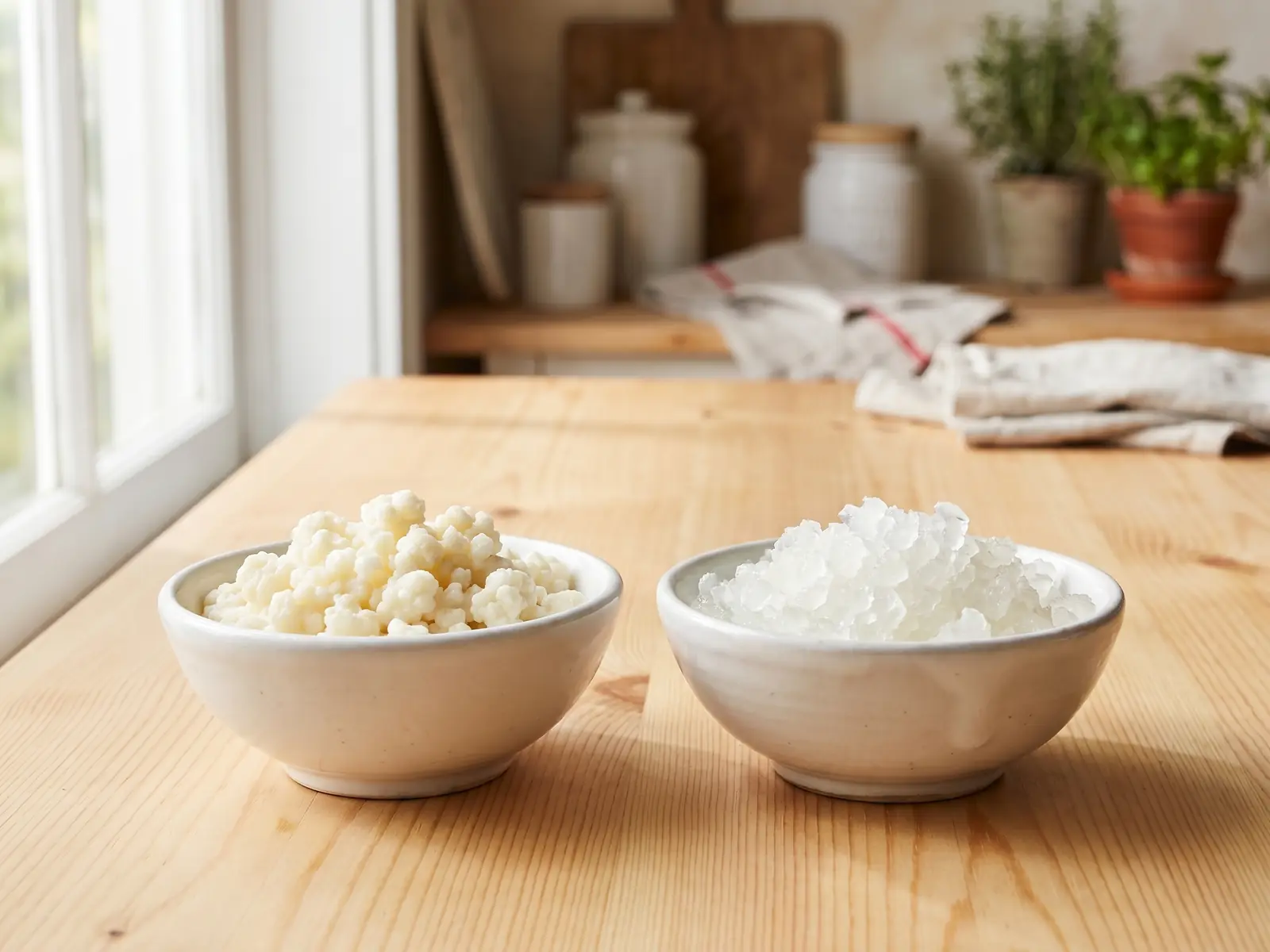 kefir de agua Cuencos con gránulos opacos de kéfir de leche y gránulos cristalinos de kéfir de agua en contraste