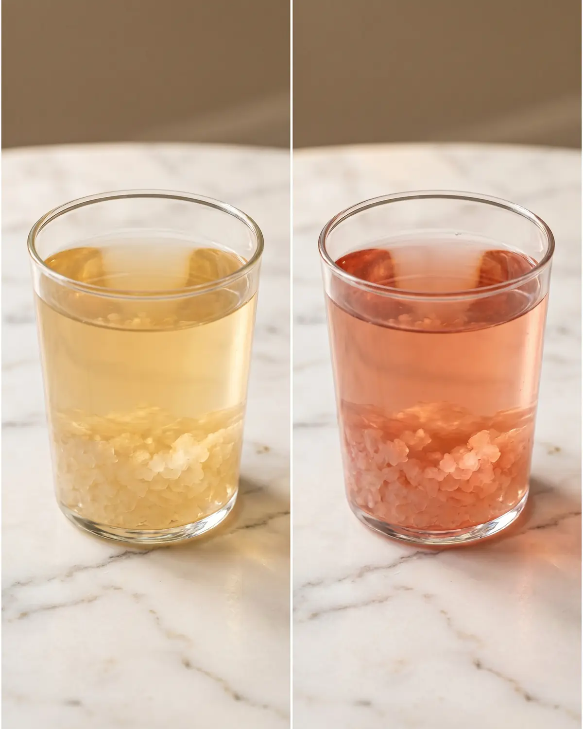 kefir de agua Dos vasos de kéfir de agua, uno natural y otro con hibisco, muestran tonos y aromas distintos