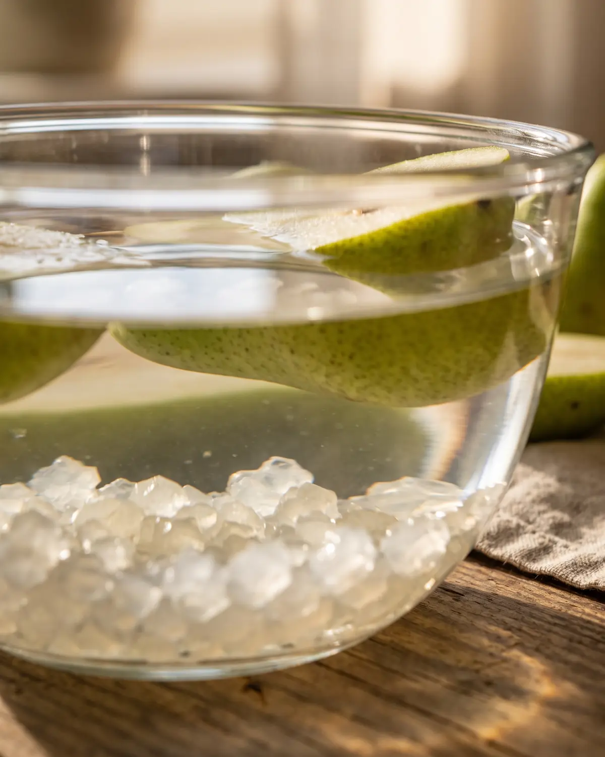 water kefir grains tibicos Detalle de gránulos translúcidos de kéfir de agua junto a peras verdes reflejadas en agua clara
