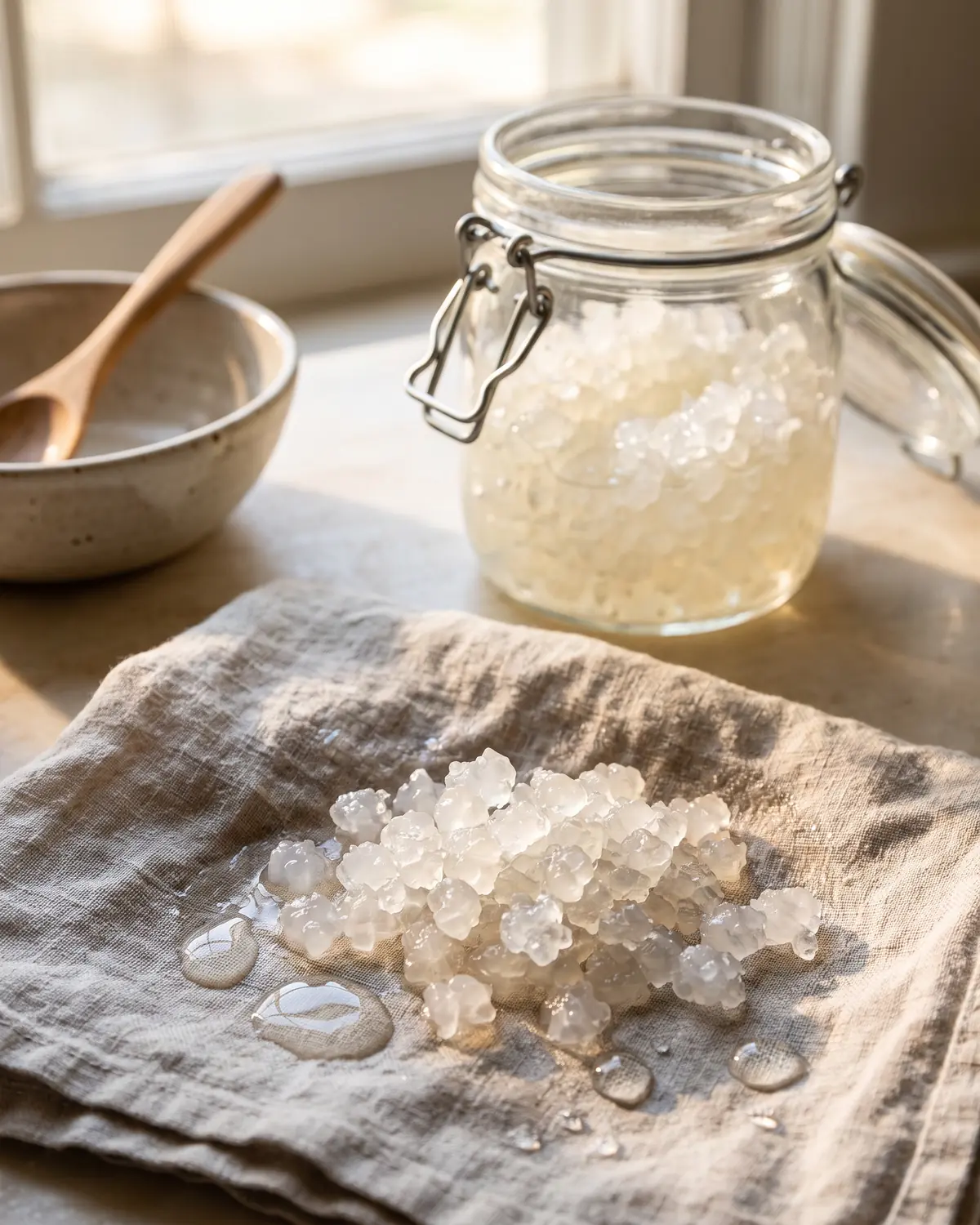 tibicos kefir de agua Tela retirada con gotas transparentes y tarro abierto al fondo con gránulos translúcidos de kéfir de agua.
