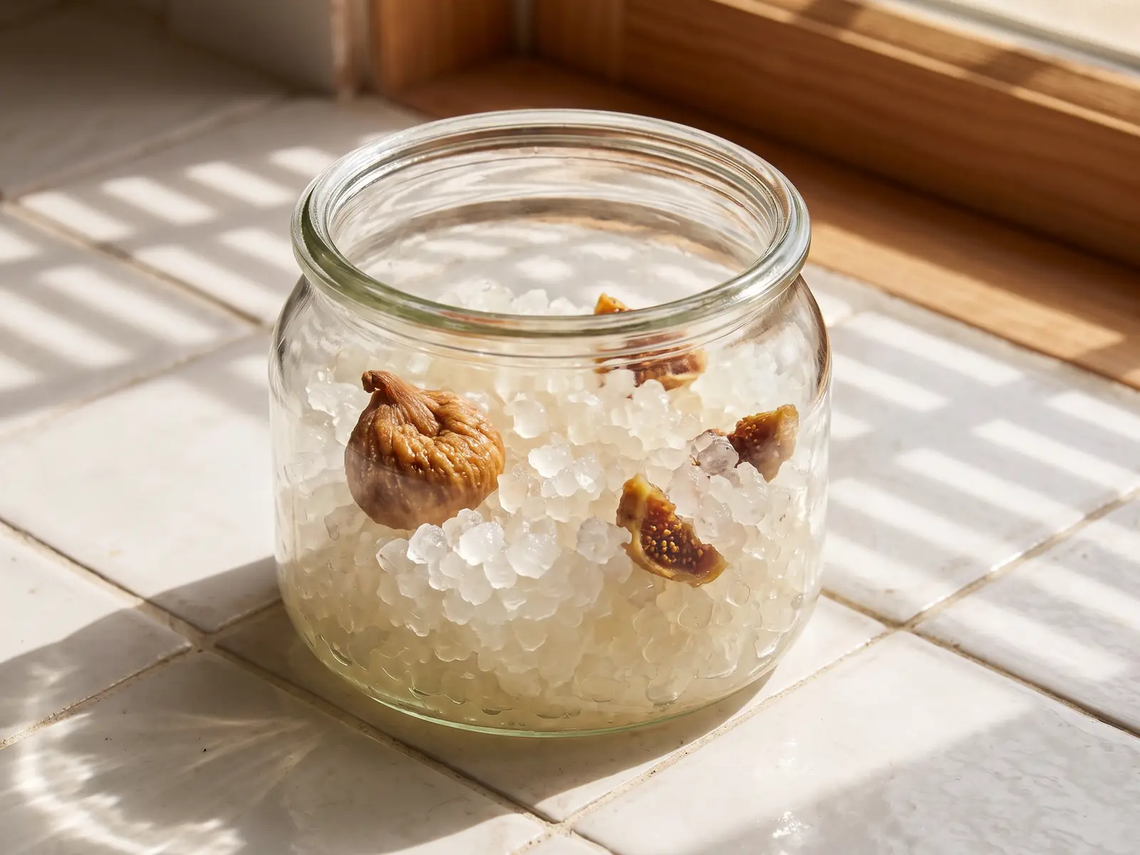 tibicos kefir de agua Tarro con gránulos cristalinos de kéfir de agua sobre azulejos blancos, junto a un higo seco.