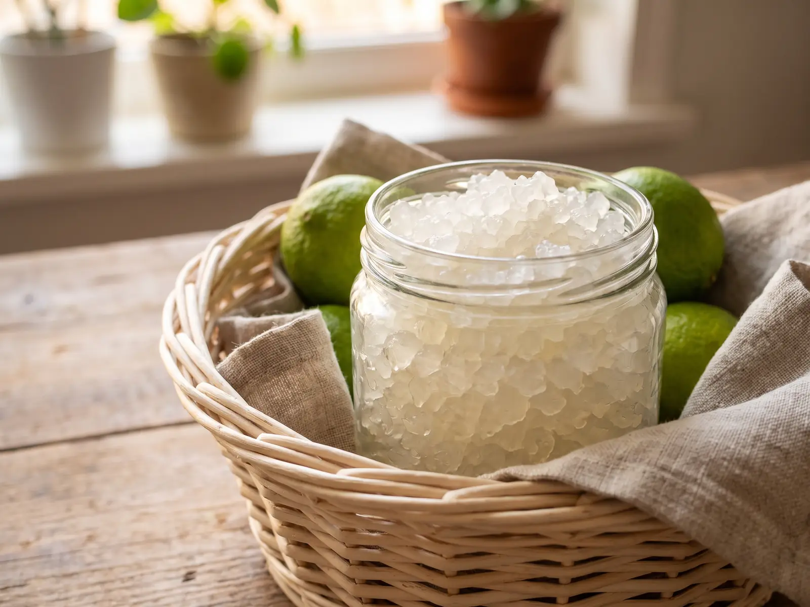 water kefir grains tibicos Tarro con gránulos de kéfir de agua en cesta de mimbre, con limas enteras y lino crudo alrededor