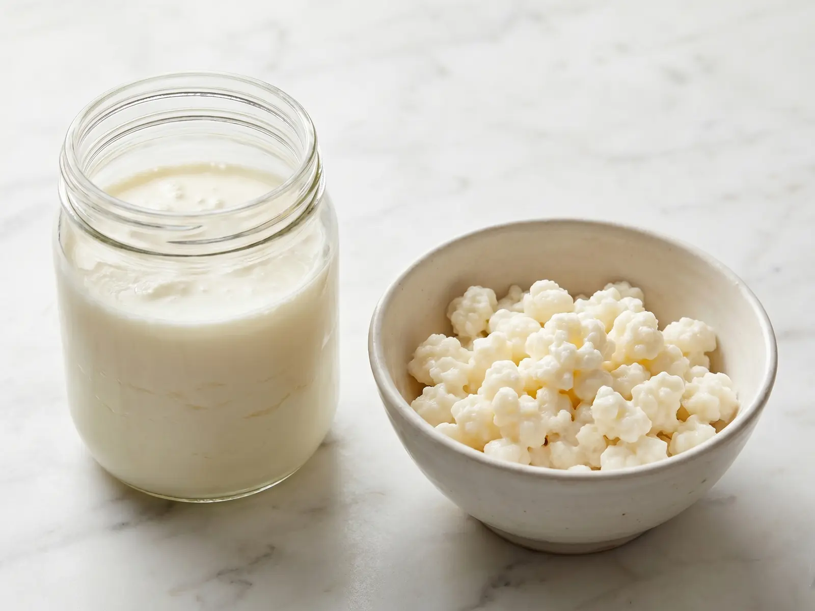 leche fermentada propiedades Tarro abierto de kéfir de leche sobre mármol blanco con gránulos blanco crema en cuenco cerámico.
