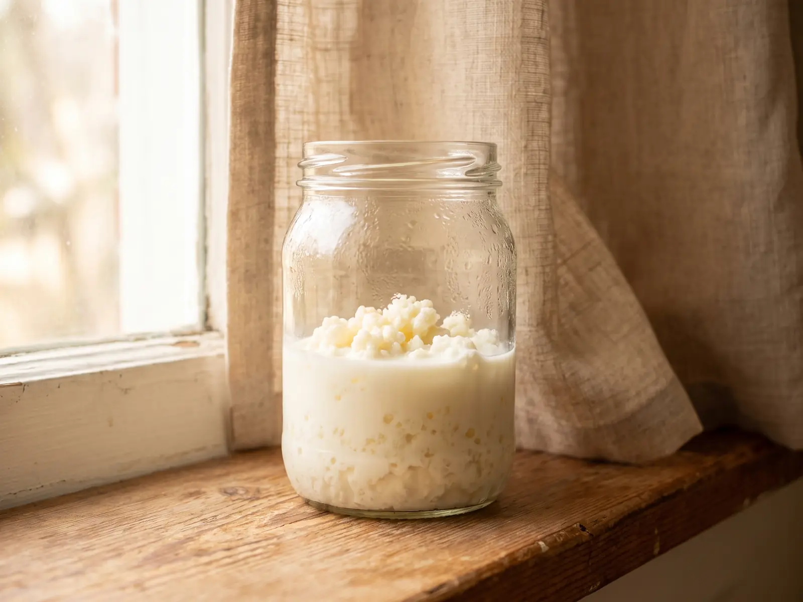 lactobacillus delbrueckii subsp bulgaricus Tarro con leche y gránulos suspendidos en un alféizar matinal junto a una cortina de lino crudo.