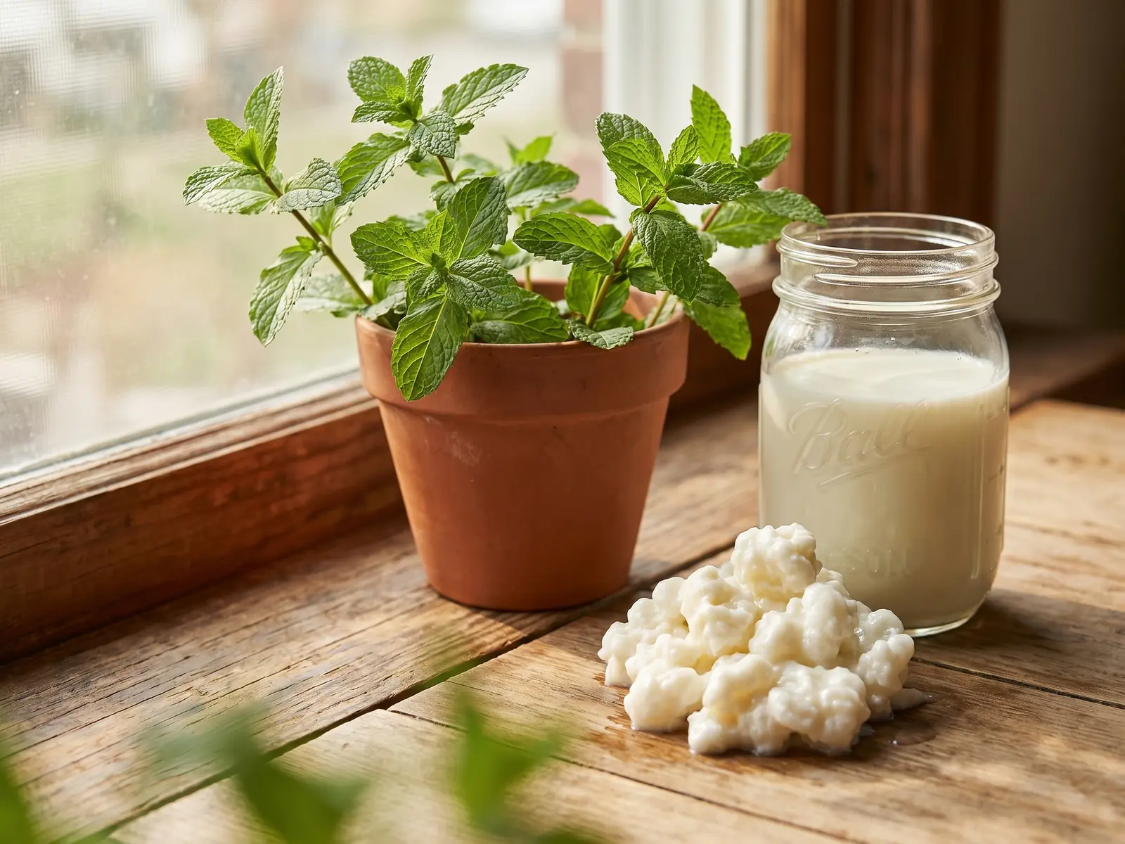 Tarro con leche y gr&aacute;nulos de k&eacute;fir junto a una maceta de hierbabuena en un alfeizar sombreado.
