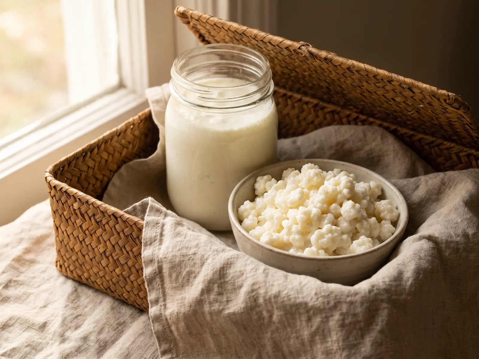 kefir cuando es mejor tomarlo Cesta abierta con tarro de kéfir y cuenco de gránulos sobre lino arrugado en una escena natural.