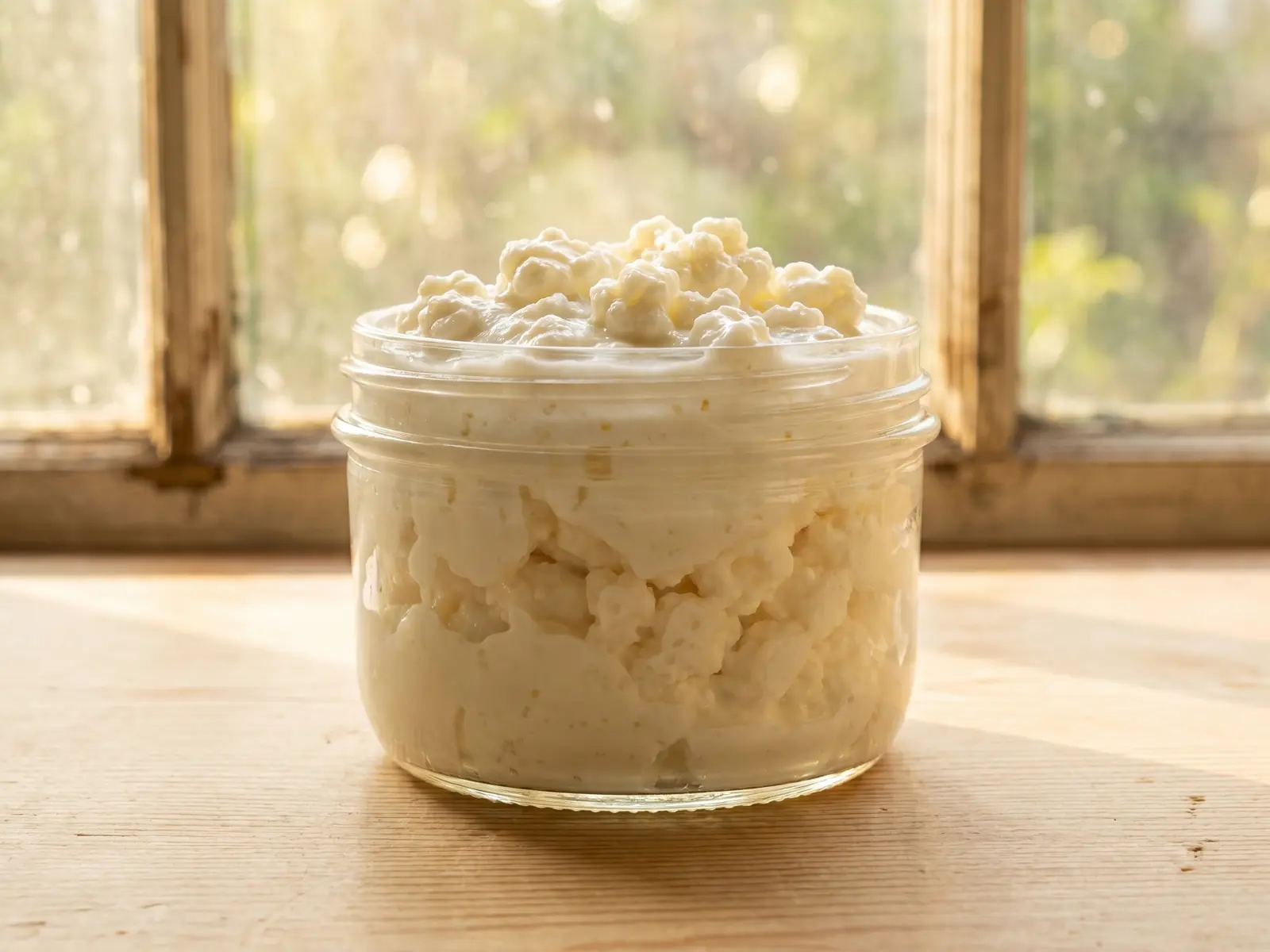 kefir de coco propiedades Tarro bajo con kéfir blanco y cremoso sobre madera clara junto a una ventana de luz cálida.