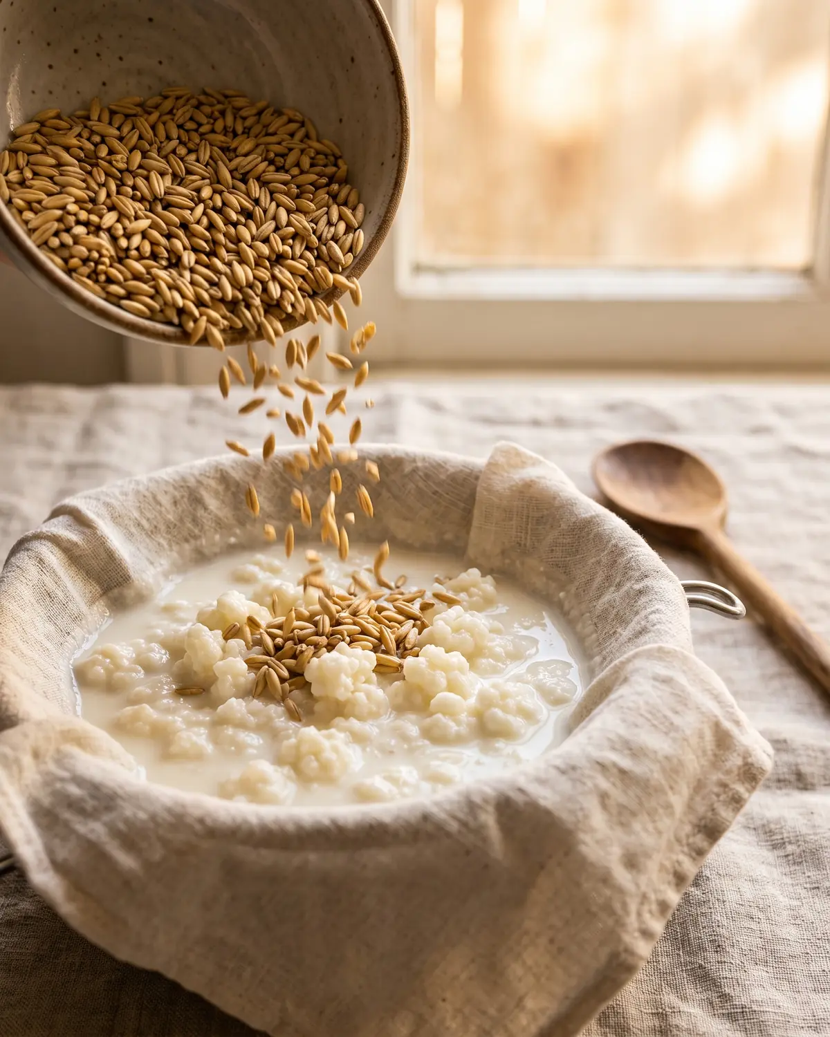 kéfir de agua aldi Avena cayendo desde un cuenco hacia kéfir colado con lino desenfocado y luz cálida de ventana