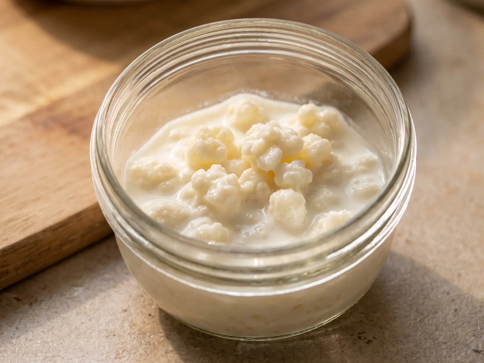 kefir cuanto tomar Tarro de kéfir de leche recién llenado con leche formando nubes alrededor de gránulos irregulares.