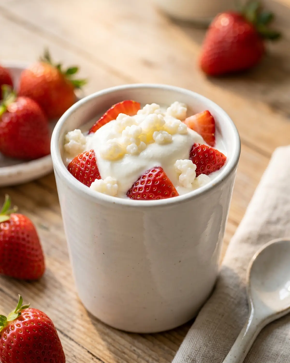 Vaso cer&aacute;mico con k&eacute;fir batido y fresas, con semillas visibles y luz natural de verano.