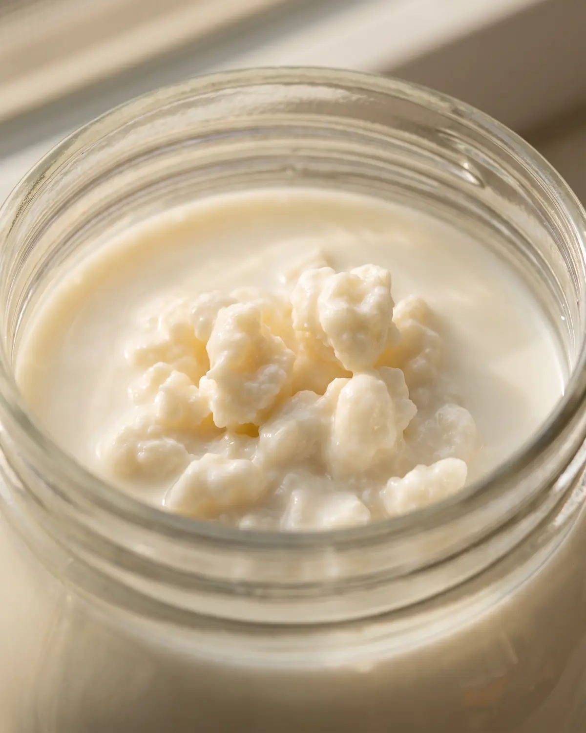 kefir es bueno para el estreñimiento Vista cercana de un tarro con gránulos de kéfir agrupados bajo la superficie de leche quieta