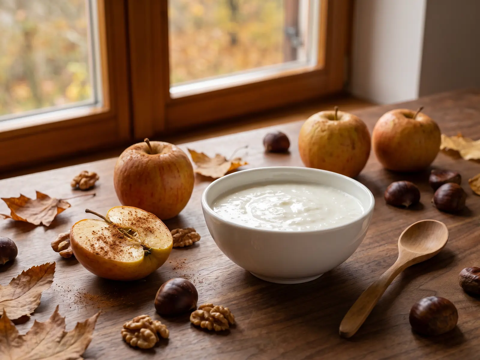 kefir en pamplona Bodegón otoñal con cuenco de kéfir terminado, manzanas asadas, castañas y luz cálida junto a la ventana.
