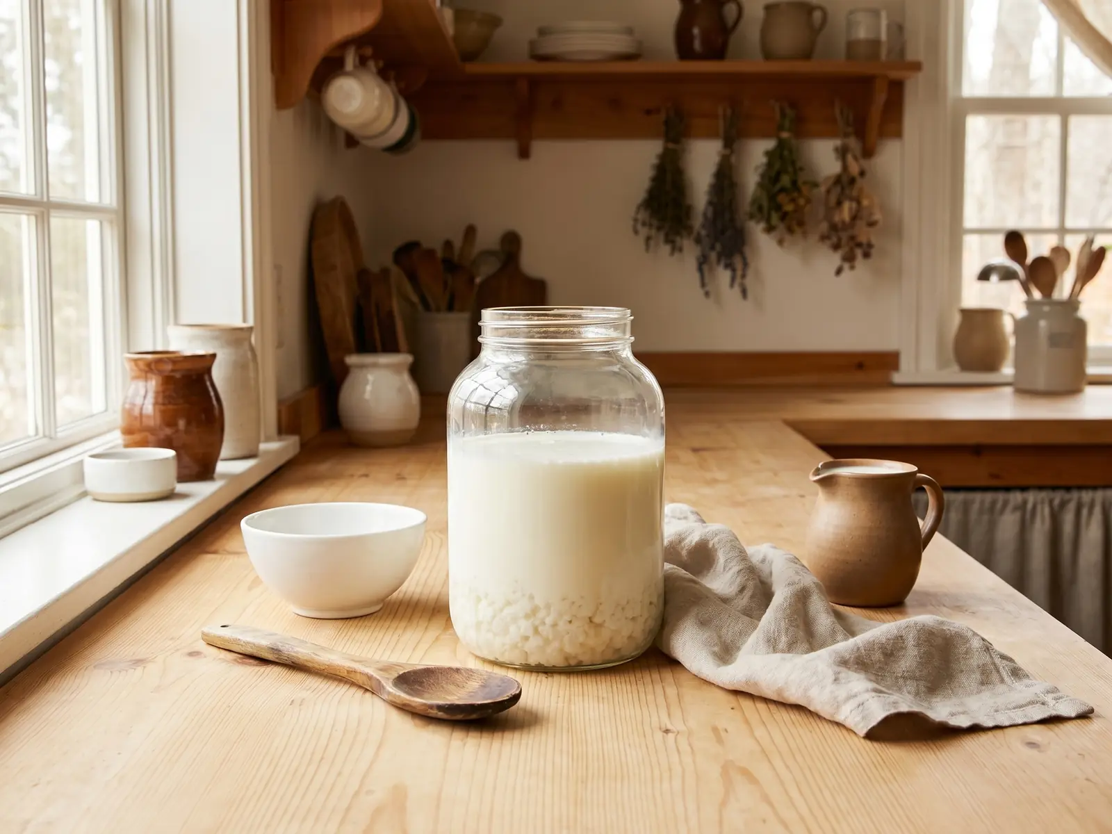 kefir es bueno para el estreñimiento Bodegón de cocina con tarro de kéfir, cuenco, cuchara y jarra de leche fresca sobre la mesa