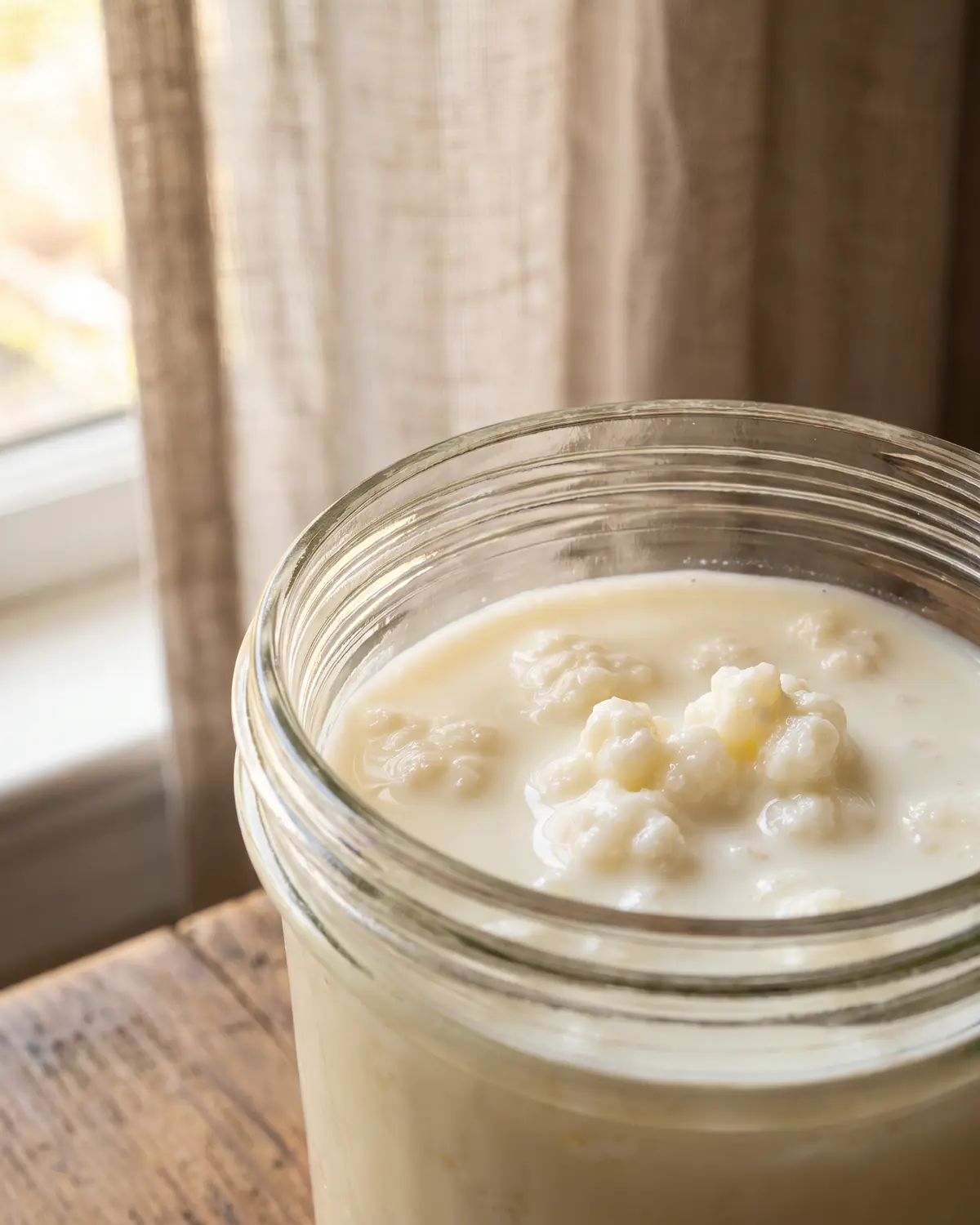 beneficios del kefir natural Tarro abierto de kéfir con una fina capa de nata y gránulos flotando bajo una cortina desenfocada.