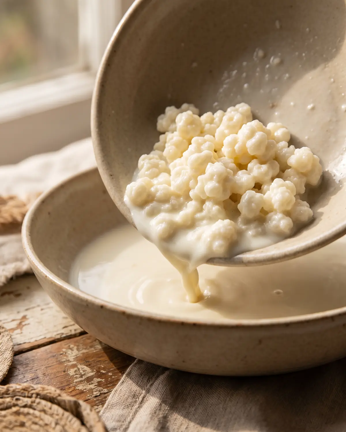 bebidas de kefir Gránulos de kéfir sobre el borde de un cuenco beige mientras la leche escurre lentamente.