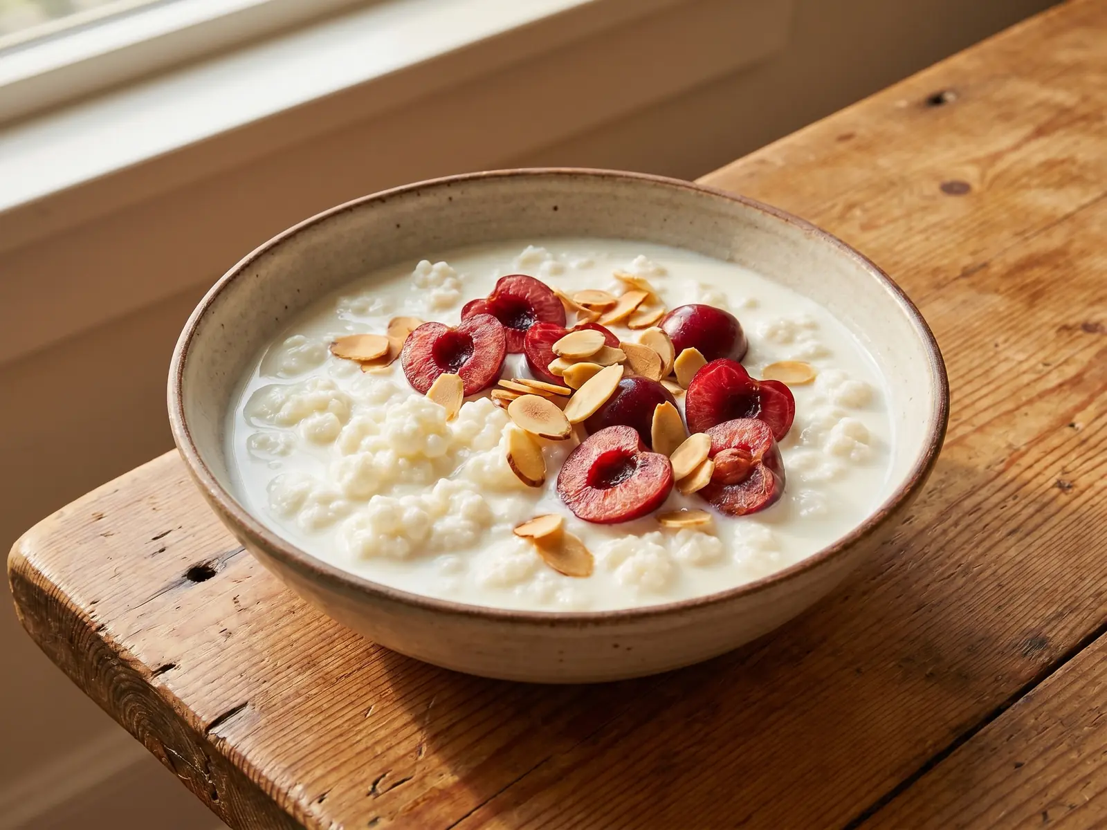 kefir en la nevera Bowl de kéfir cremoso con cerezas partidas y almendras tostadas sobre una mesa de pino.