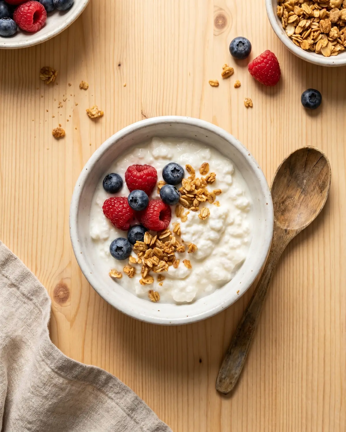 Bowl de k&eacute;fir cremoso servido con frutos rojos, granola y una cuchara de madera junto al cuenco