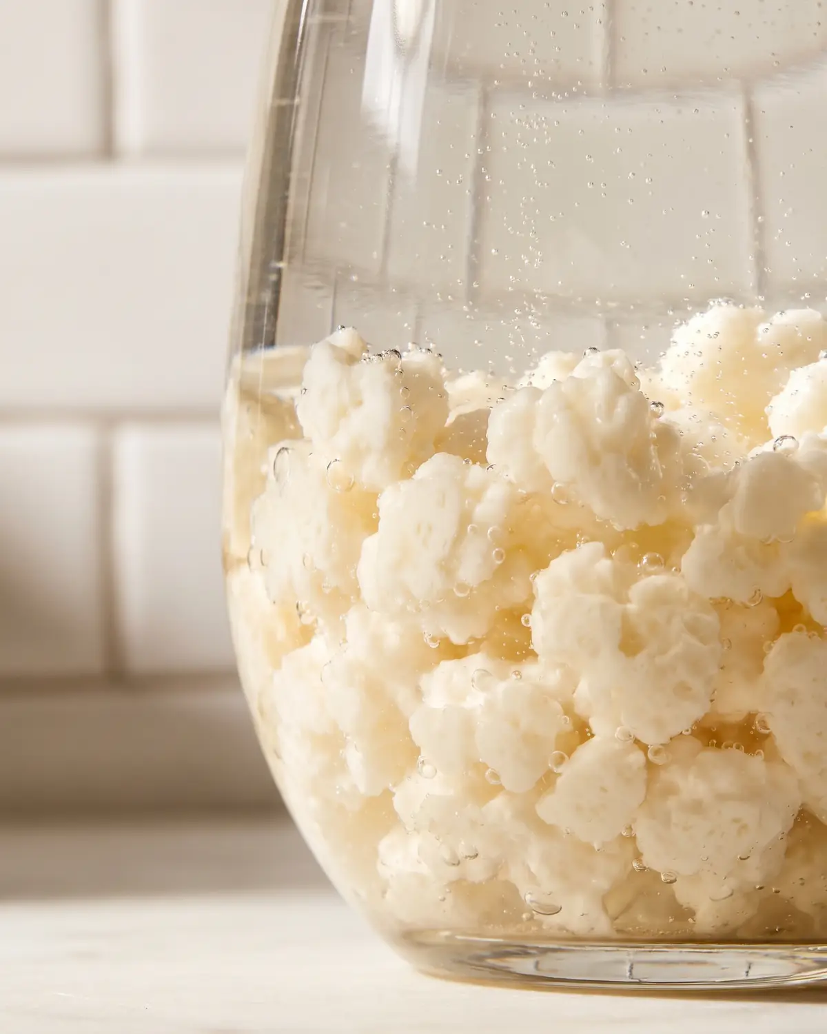 Burbujas finas suben entre gr&aacute;nulos de k&eacute;fir en un recipiente de cristal con fondo de azulejo blanco.