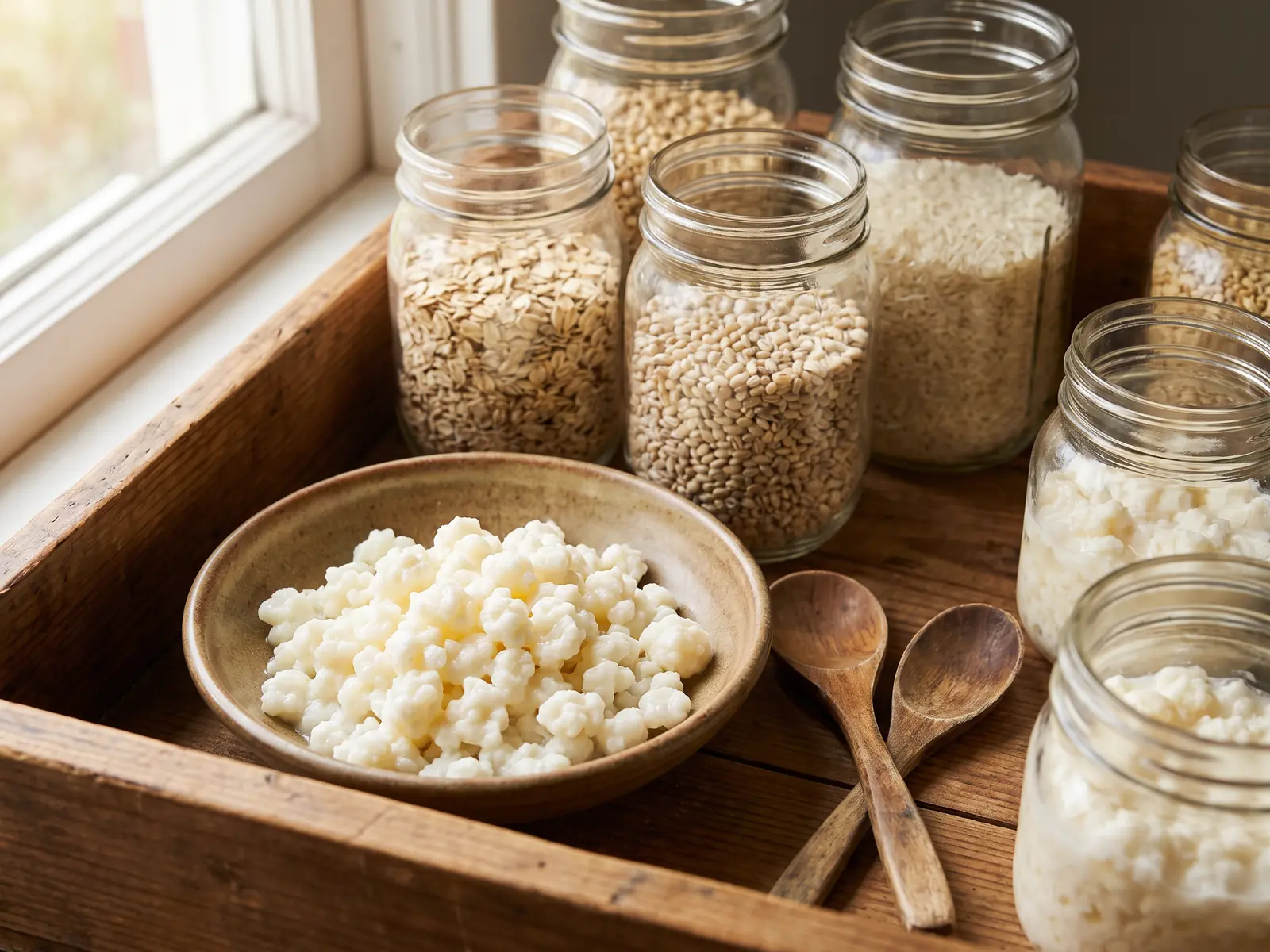 beneficios kefir cabra Caja de despensa con tarros sin etiqueta, gránulos en cuenco y cucharas de madera cruzadas.