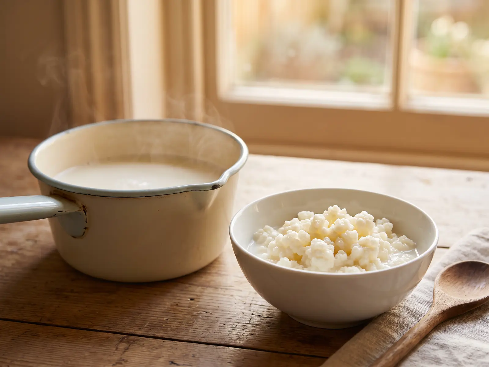 bebidas de kefir Cazo esmaltado con leche tibia y gránulos de kéfir en un cuenco junto a una ventana cálida.