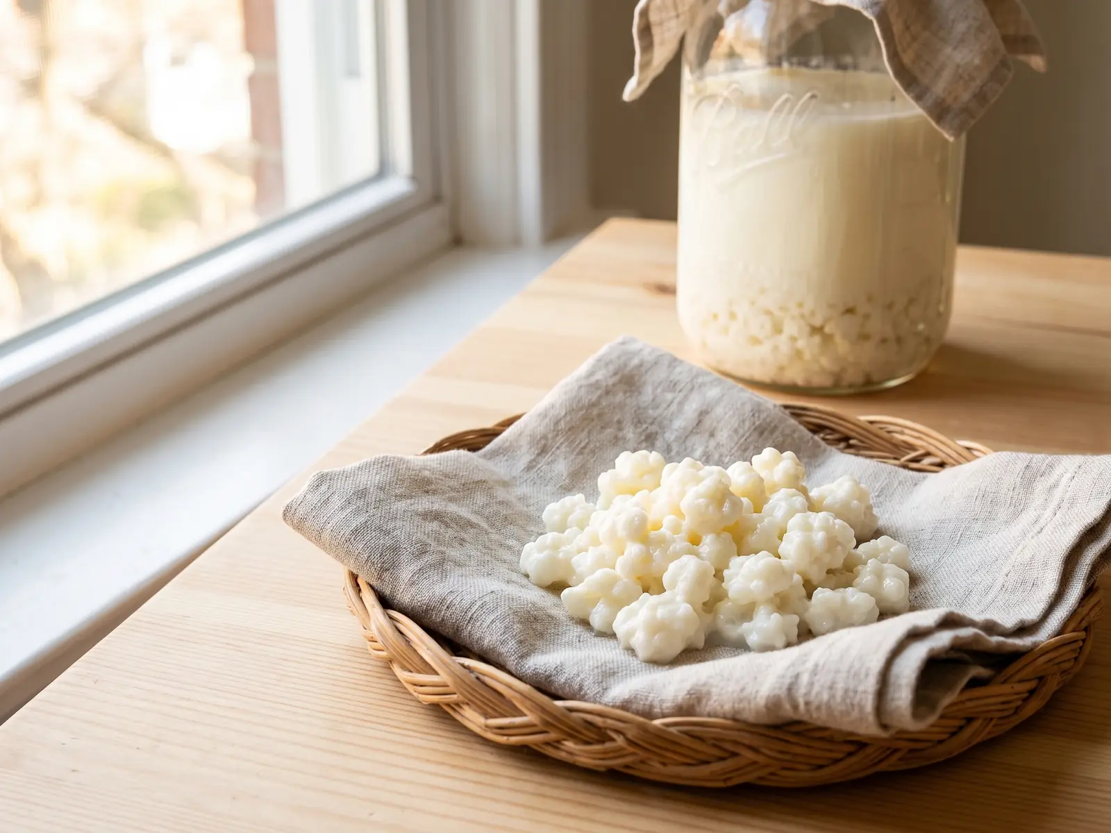Tarro de k&eacute;fir de cabra en una cesta de mimbre con lino, gr&aacute;nulos visibles y luz natural de ventana.