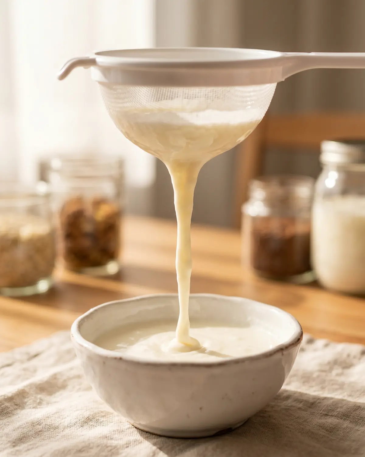 leche fermentada propiedades Kéfir de leche colado cayendo en una cinta espesa desde un colador blanco a un cuenco cerámico.