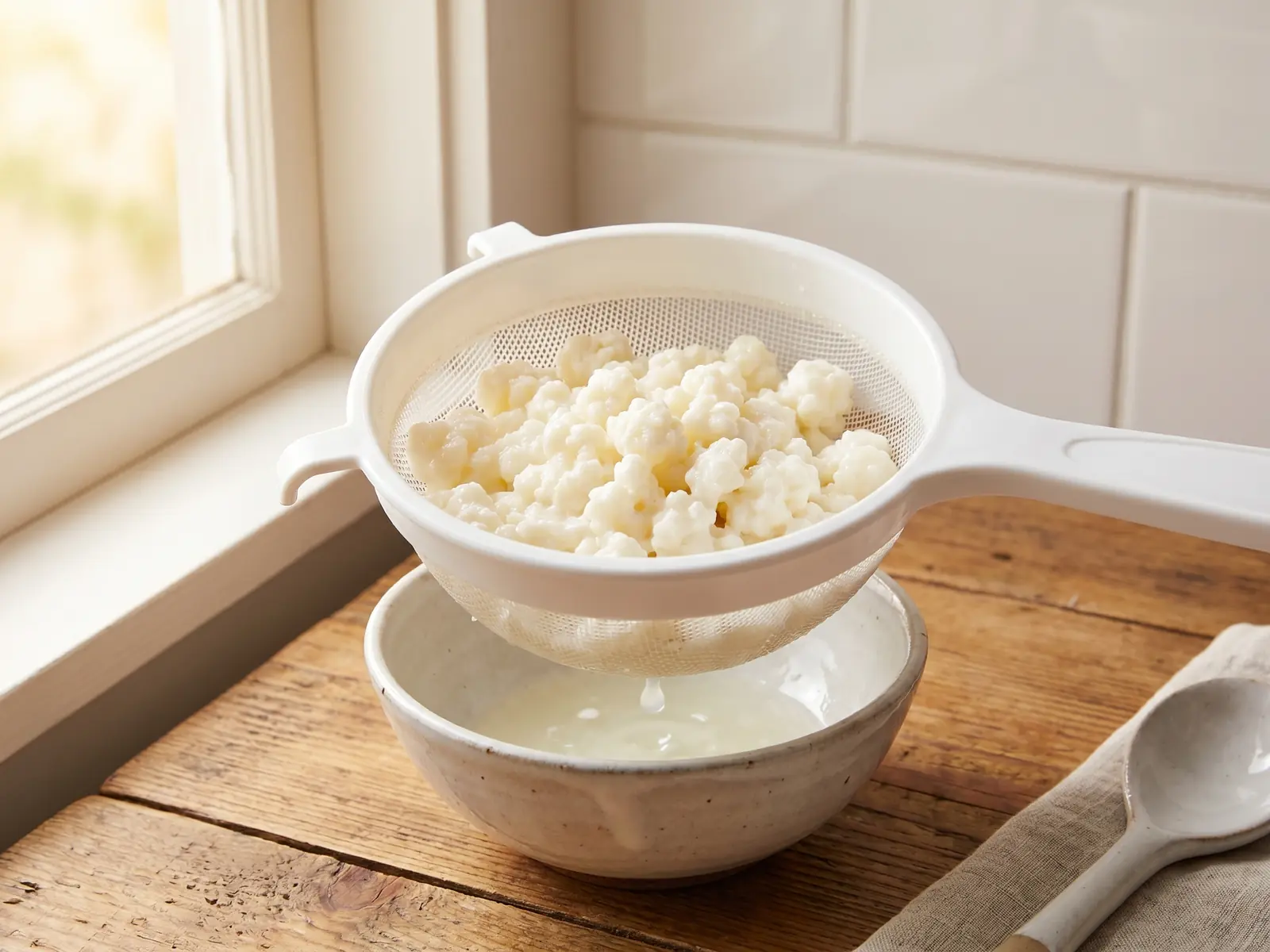 peligros del kéfir de leche Gránulos de kéfir de leche en un colador blanco sobre un cuenco cerámico en una cocina sencilla.