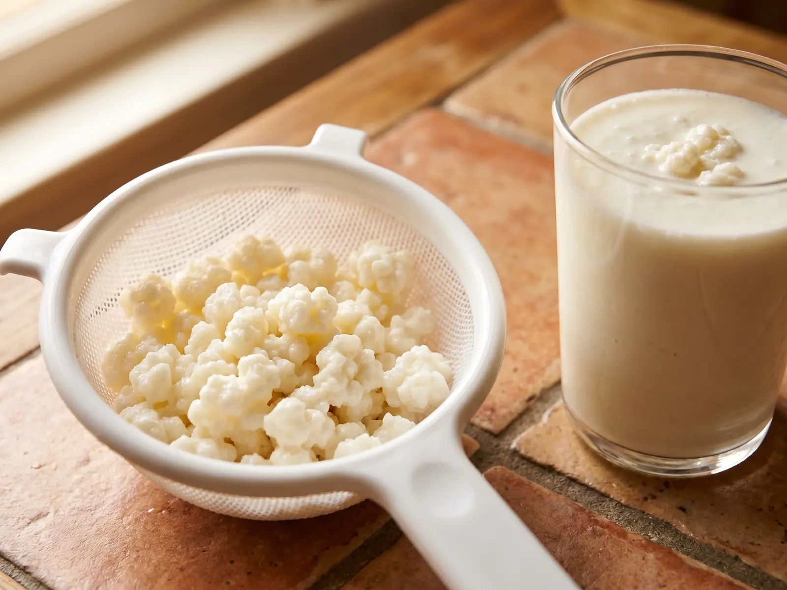 kéfir no espesa Gránulos de kéfir de leche recuperados en un colador blanco junto a un vaso de kéfir ya fermentado.
