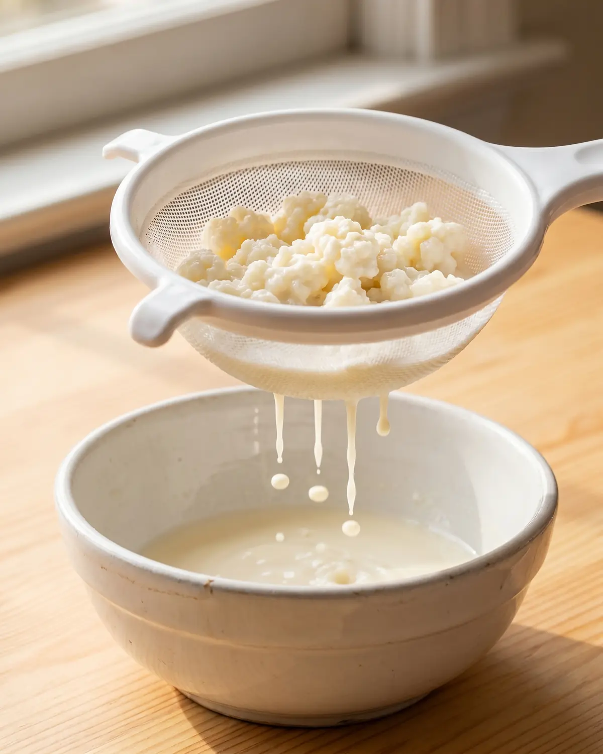 el kefir se puede congelar Gránulos de kéfir se escurren en un colador blanco mientras una gota cae sobre un cuenco.