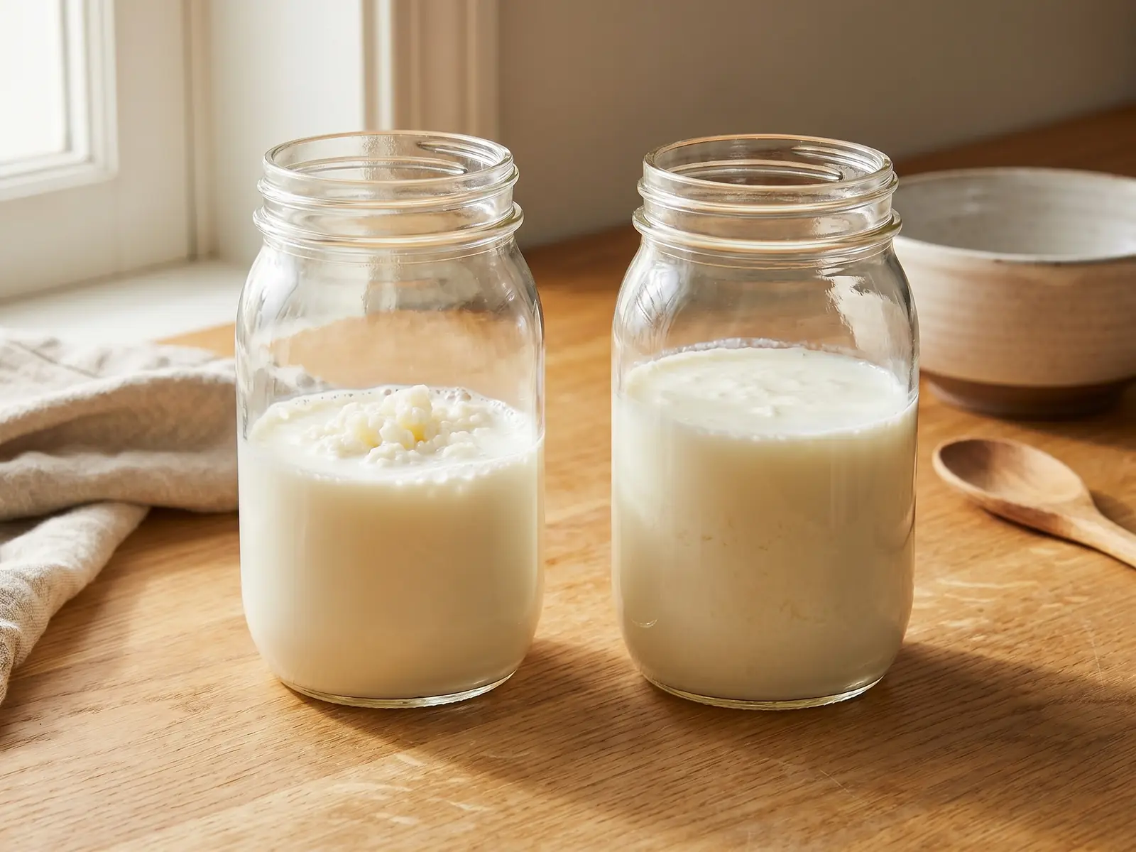 Dos tarros muestran leche fresca con gr&aacute;nulos y k&eacute;fir ya fermentado para comparar textura y aspecto.