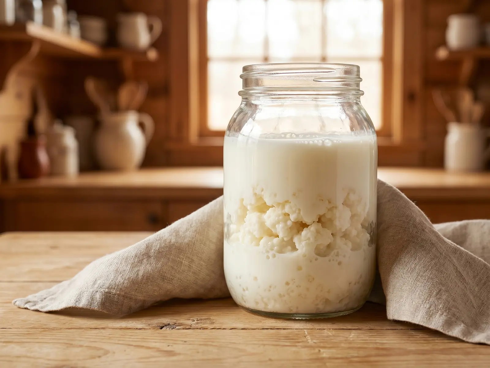 cuidar nódulos de kéfir Tarro de cristal con leche y gránulos de kéfir junto a una ventana con luz suave de fondo.