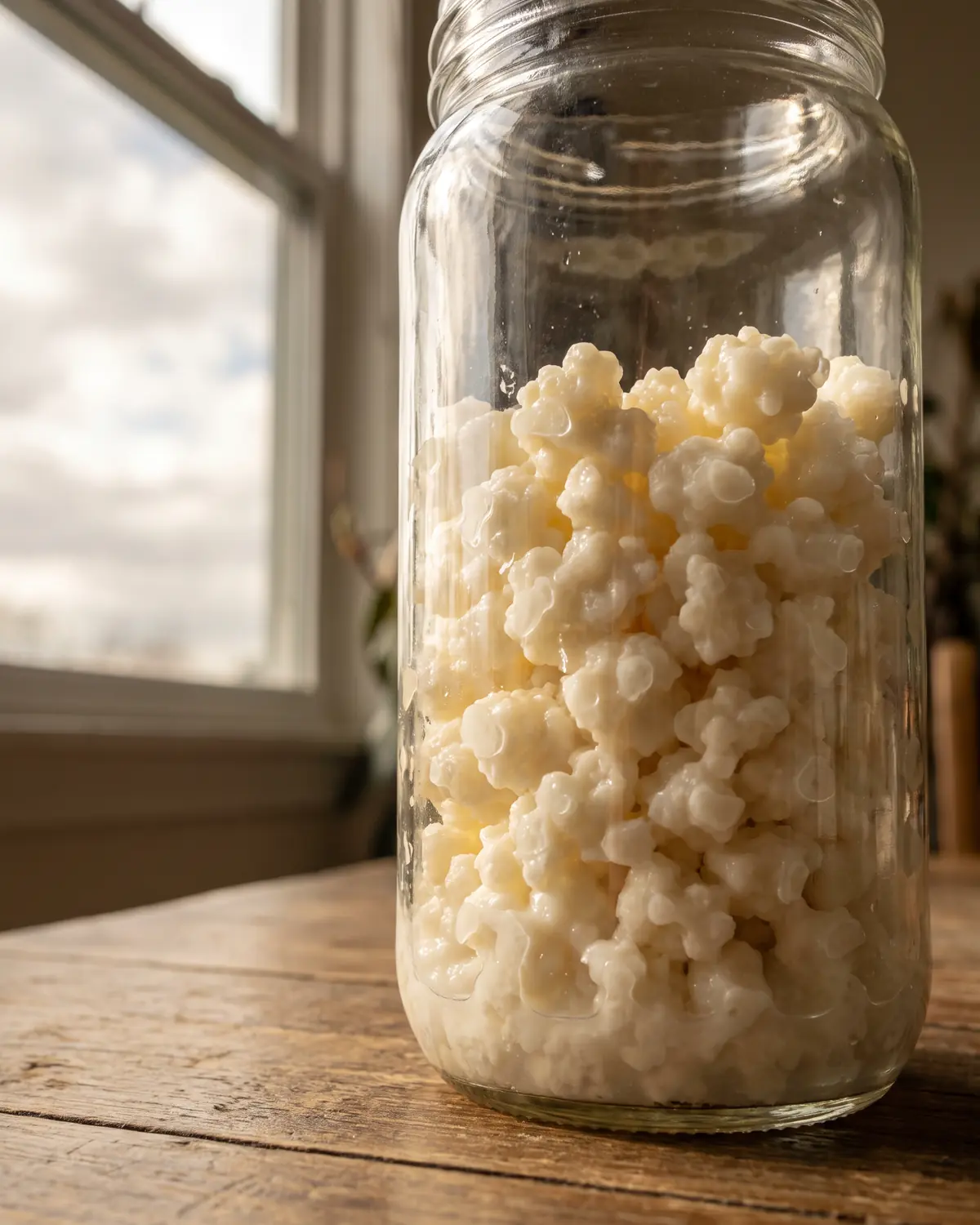 kefir para bebes Tarro alto con gránulos de kéfir de leche visto desde la mesa frente a una ventana con luz nublada.