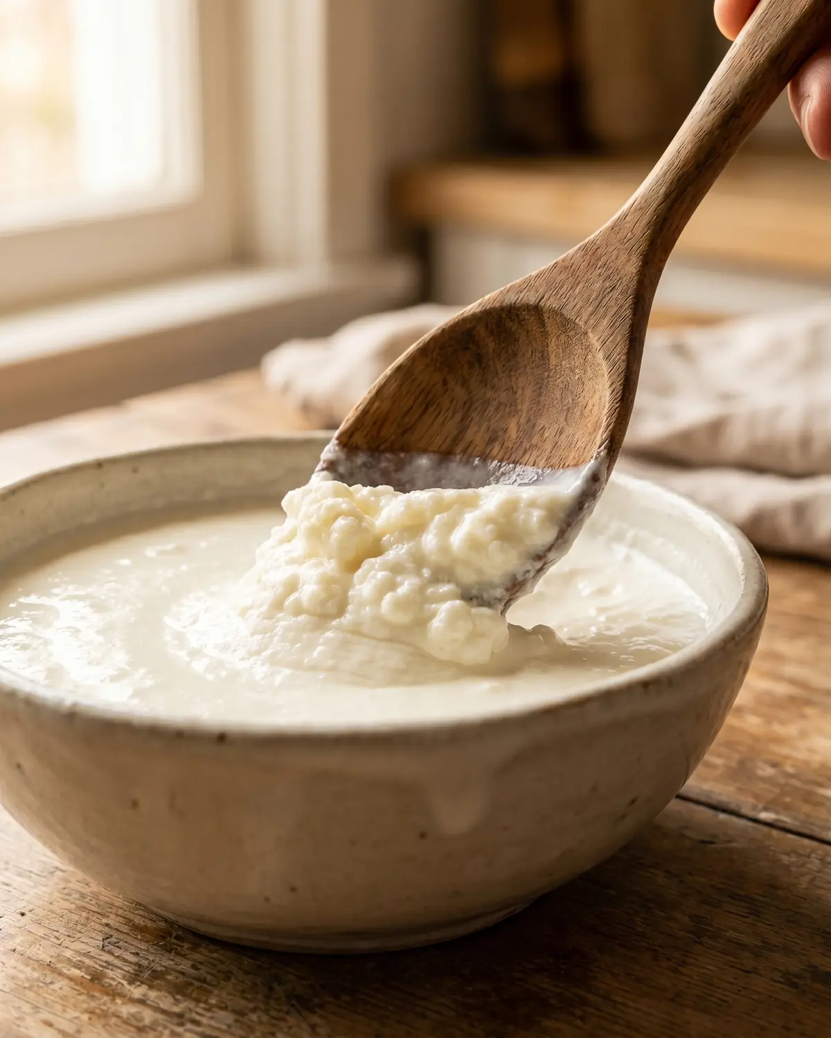 leche fermentada embarazo Cuchara de madera atravesando un cuenco de kéfir firme con una textura cremosa en primer plano.