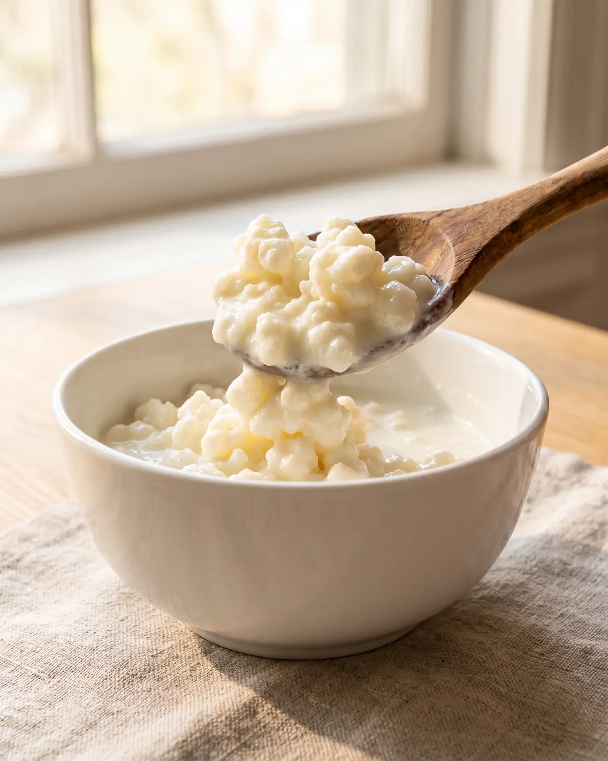 kefir para cenar Cuchara de madera con gránulos densos de kéfir sobre un cuenco blanco, lino crudo y luz cálida.