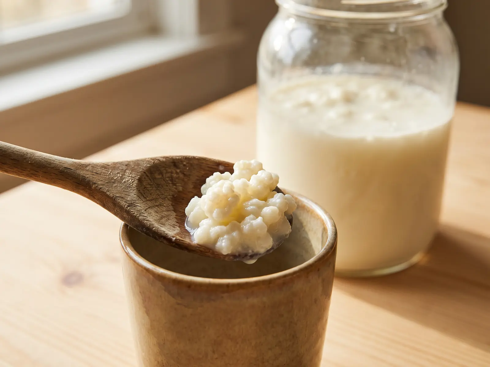 que hace el kefir Cuchara de madera con gránulos de kéfir junto a una taza y un tarro de leche sobre madera clara.