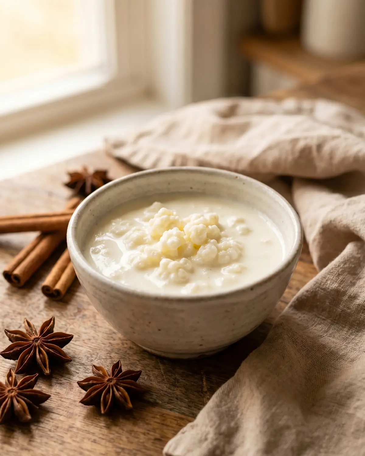 colador de metal kéfir Cuenco de kéfir natural con anís estrellado y canela, en una escena casera de invierno.