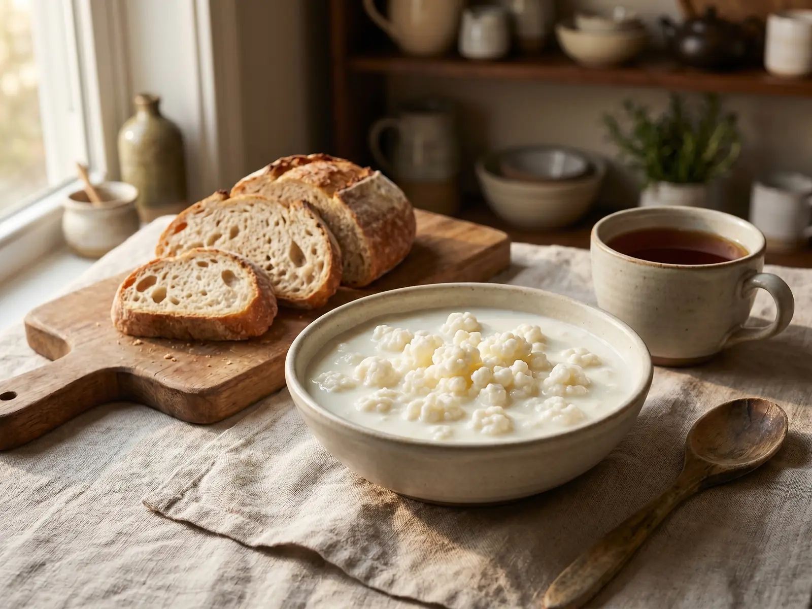 reactivar nódulos de kéfir Kéfir de leche en un cuenco bajo junto a una taza de té, pan rústico y lino crudo sobre la mesa