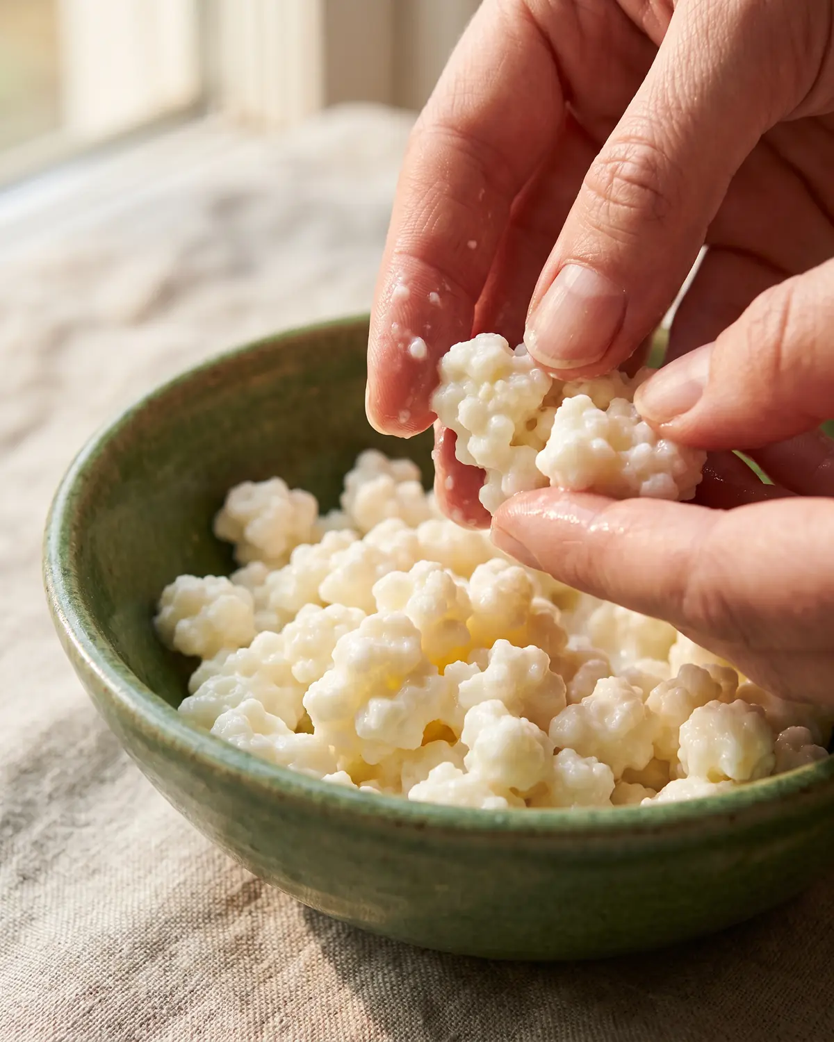 kefir e intolerancia a la lactosa Dedos separando gránulos húmedos de kéfir en un cuenco verde con fondo de lino desenfocado.