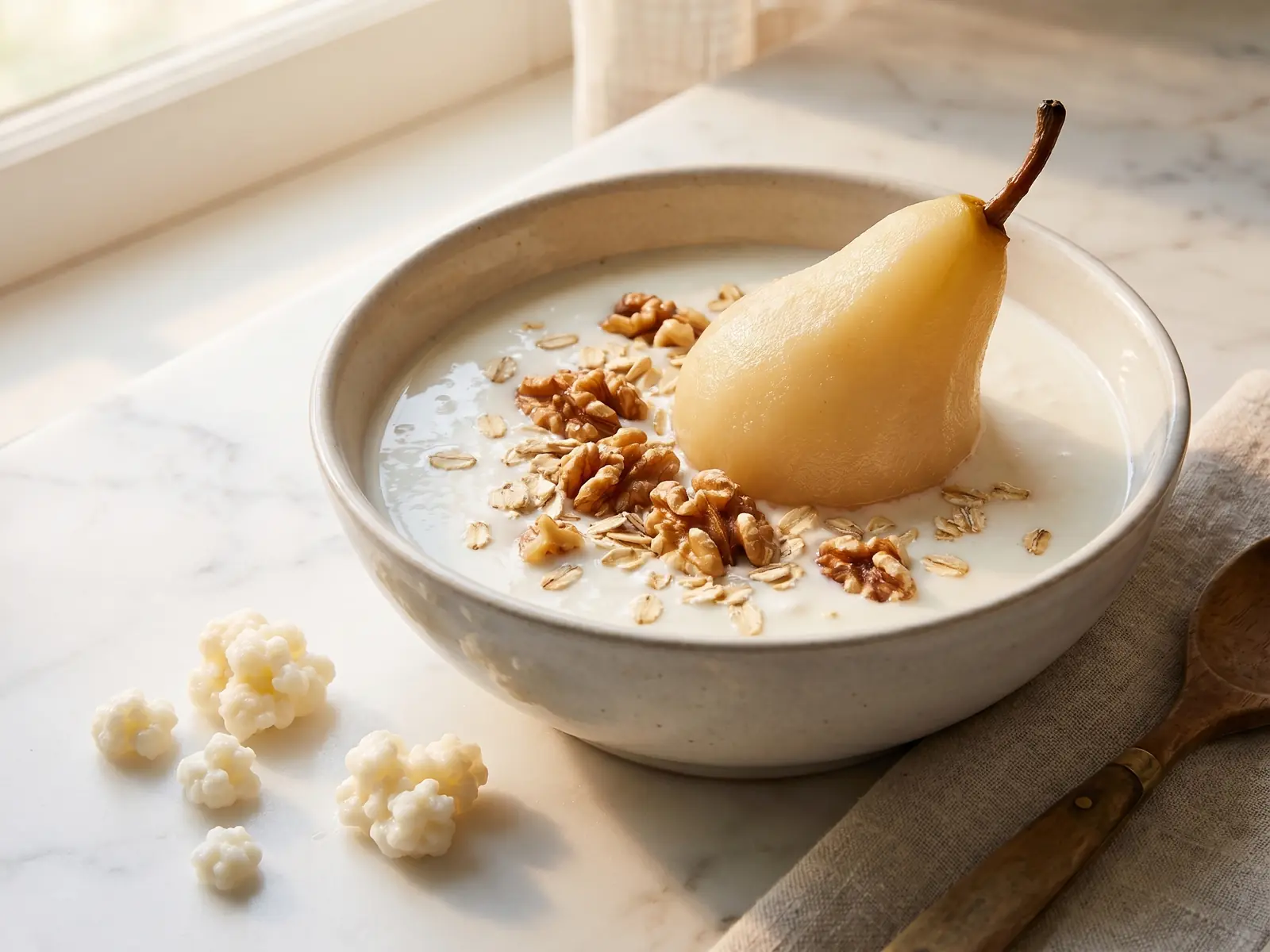 kefir korrels Cuenco de kéfir con pera, nueces y avena sobre mármol blanco en una escena de desayuno tranquila.
