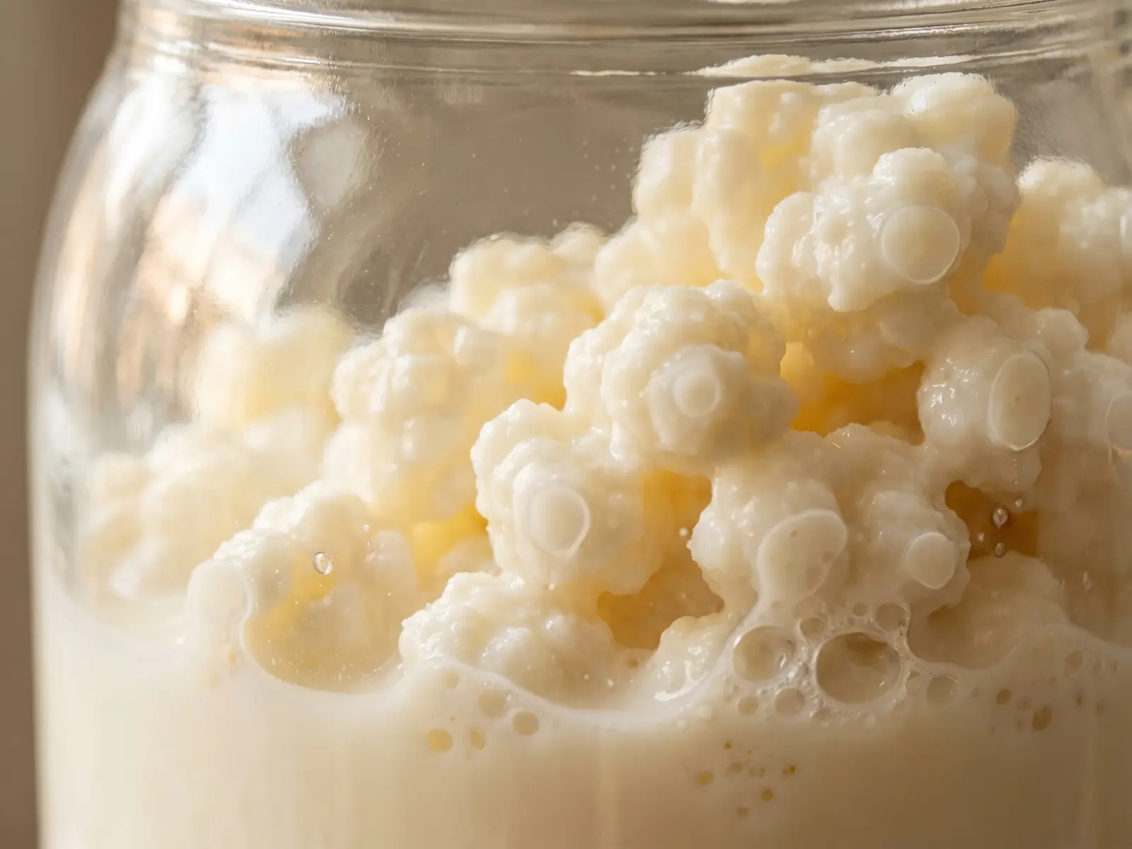 kéfir mercadona vs nódulos Gránulos de kéfir adheridos al vidrio de un tarro con leche cremosa y pequeñas burbujas visibles.