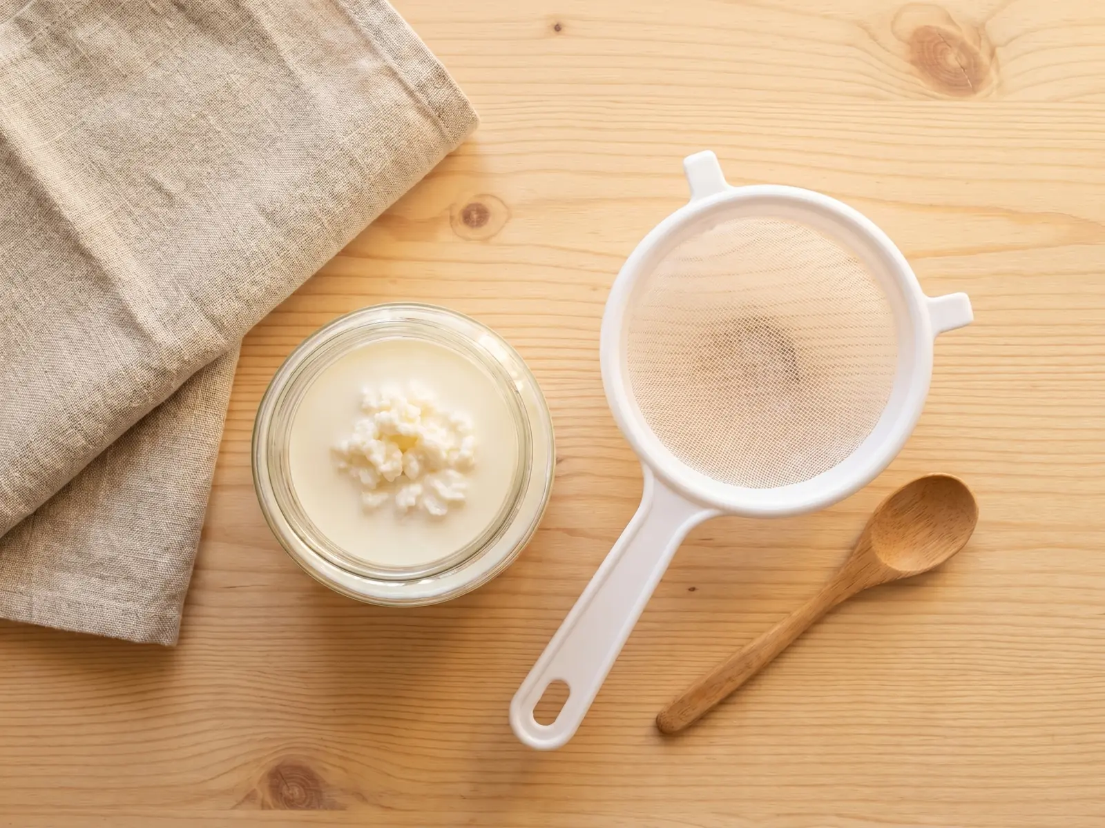 como preparar el kéfir de leche Tarro de kéfir de leche en una encimera con colador blanco, cuchara de madera y paño de lino.