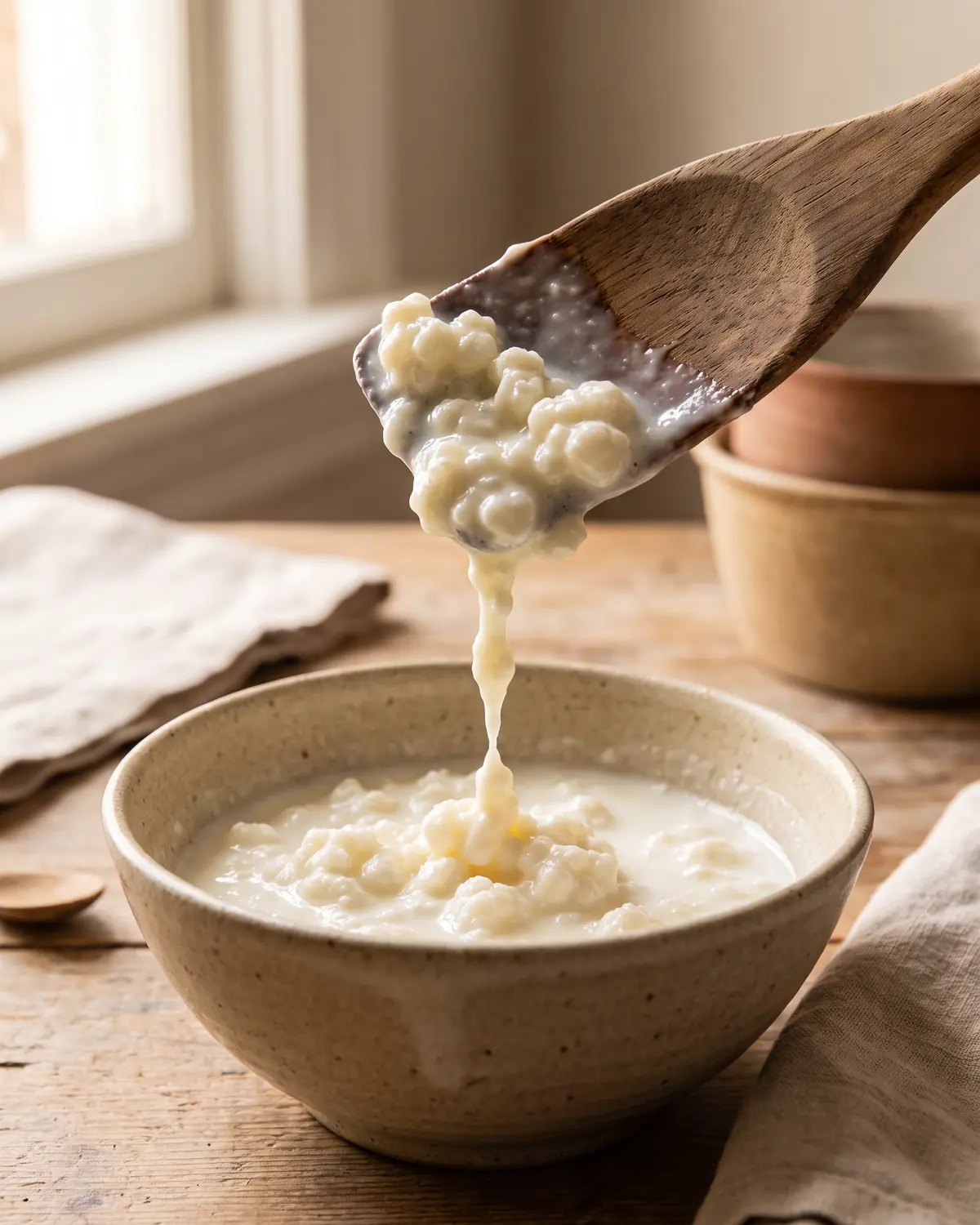 se puede hacer kefir con leche de cabra Kéfir espeso se estira desde una espátula de madera sobre cerámica beige, mostrando su textura.