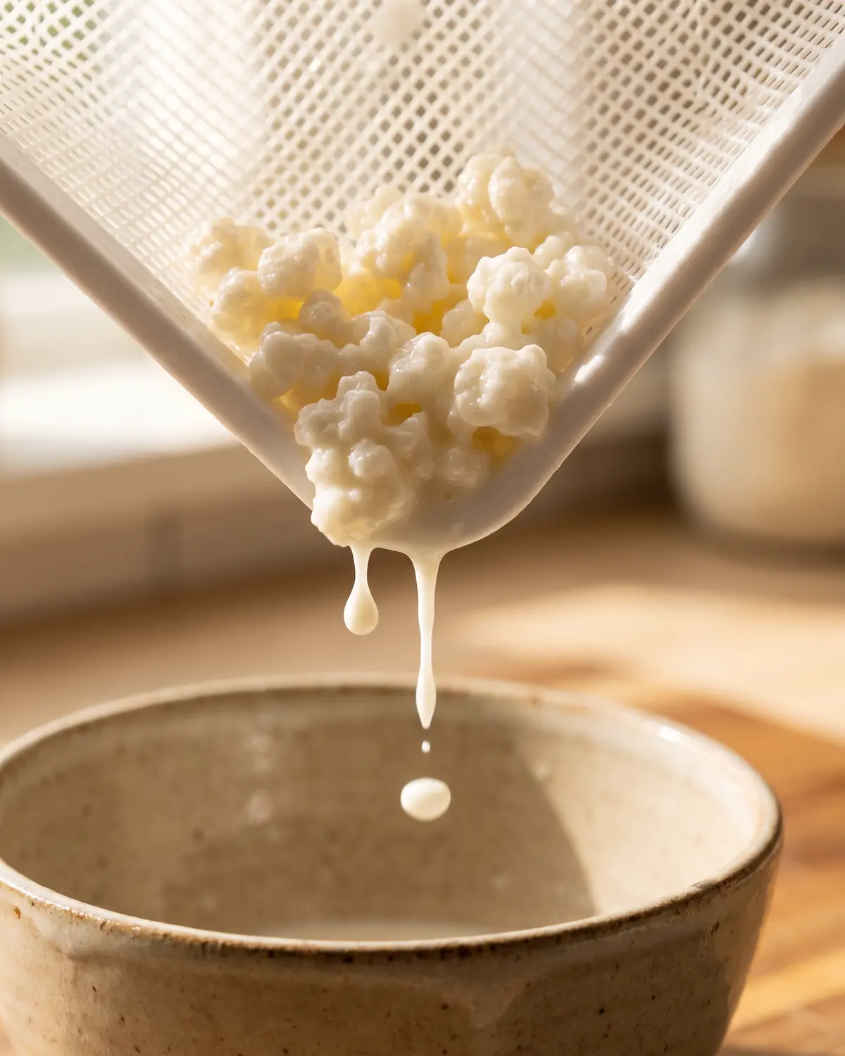que hace el kefir Gránulos de kéfir retenidos en un colador de plástico con gotas espesas cayendo hacia cerámica beige.