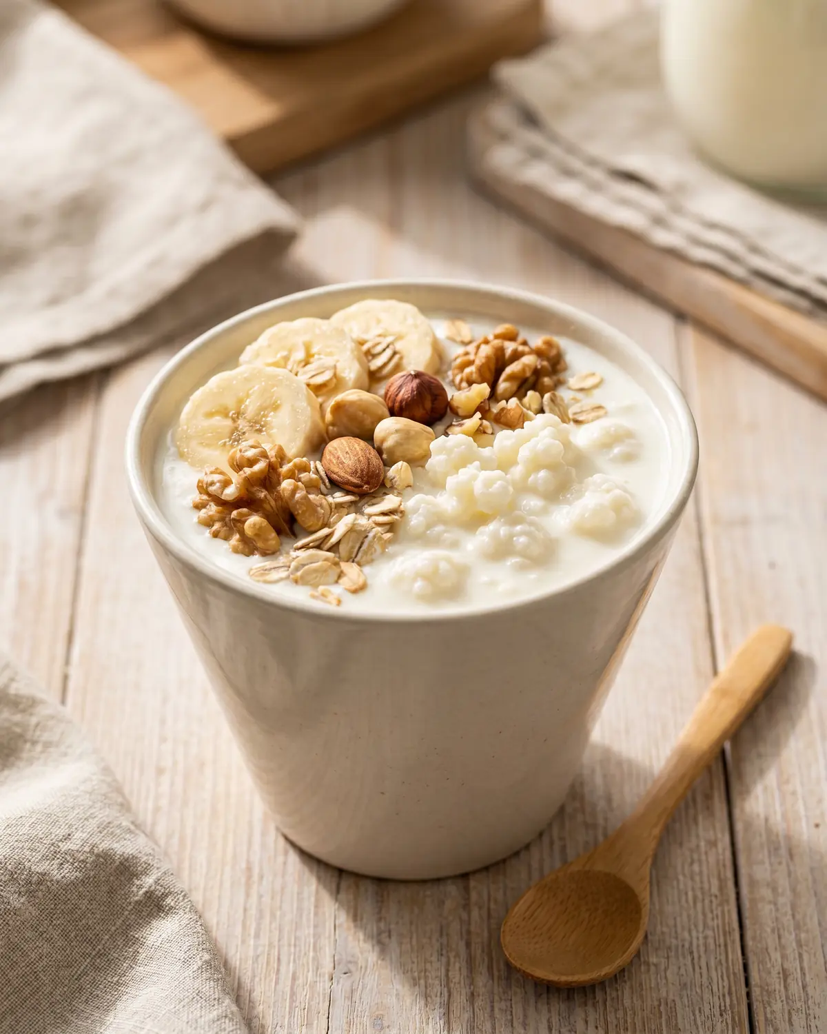 Cuenco estrecho de k&eacute;fir con pl&aacute;tano, nueces y avena en una composici&oacute;n vertical alta.