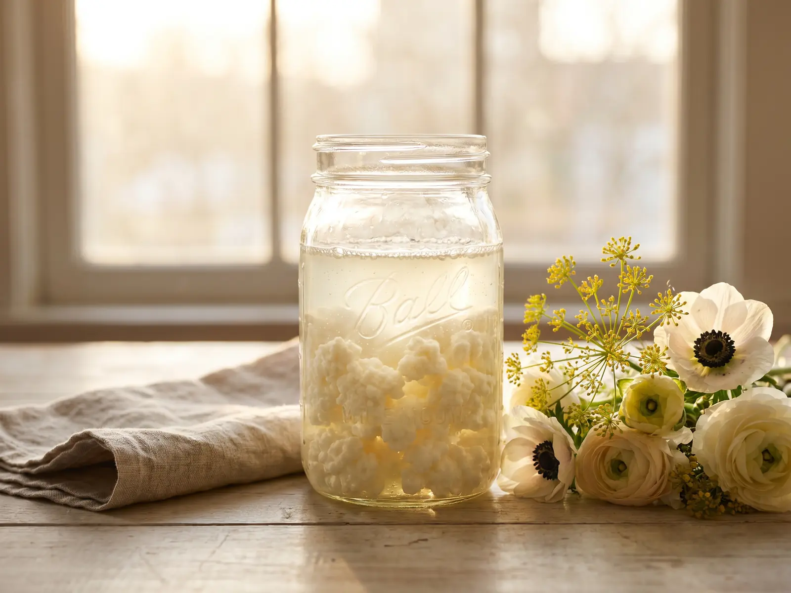 Tarro de k&eacute;fir fermentando junto a flores de primavera, lino crudo y madera clara en contraluz.