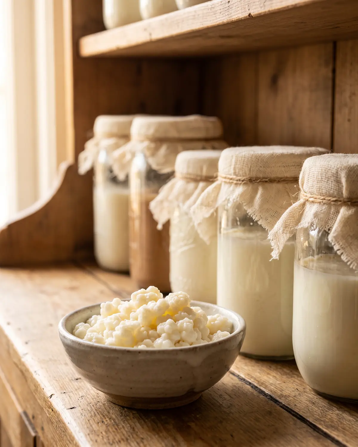 como preparar el kéfir de leche Fila de tarros cubiertos en una repisa con gránulos de kéfir en un cuenco bajo en primer plano.