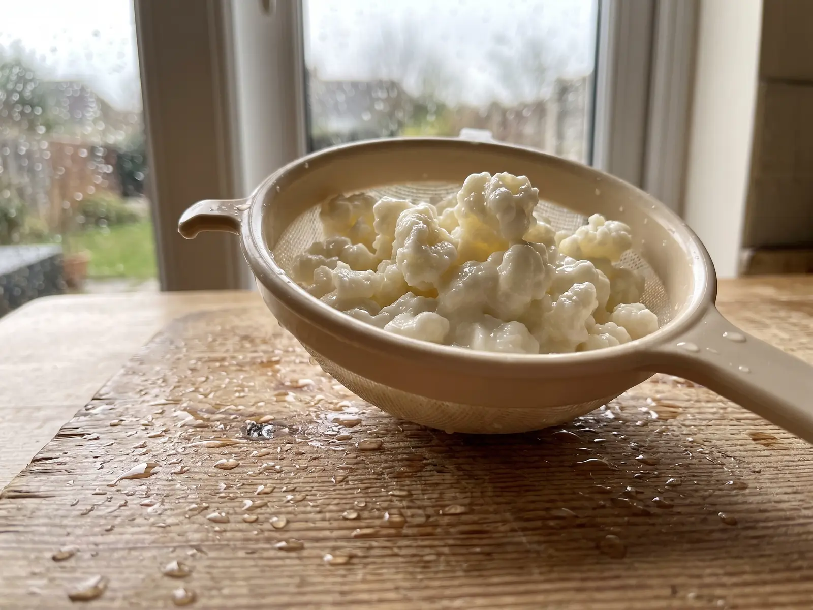 cuidados del hongo kefir Gránulos de kéfir recién escurridos en un colador de plástico sobre una tabla de pino con gotas.