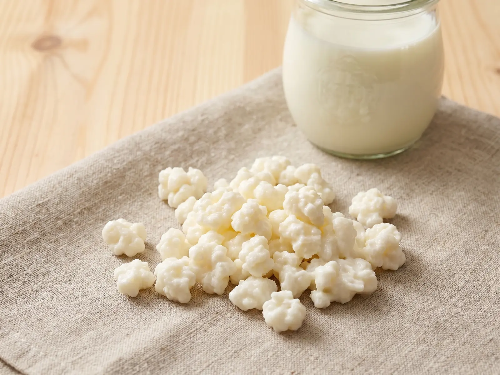 Gr&aacute;nulos de k&eacute;fir blanco crema sobre lino crudo con un tarro de leche desenfocado al fondo.