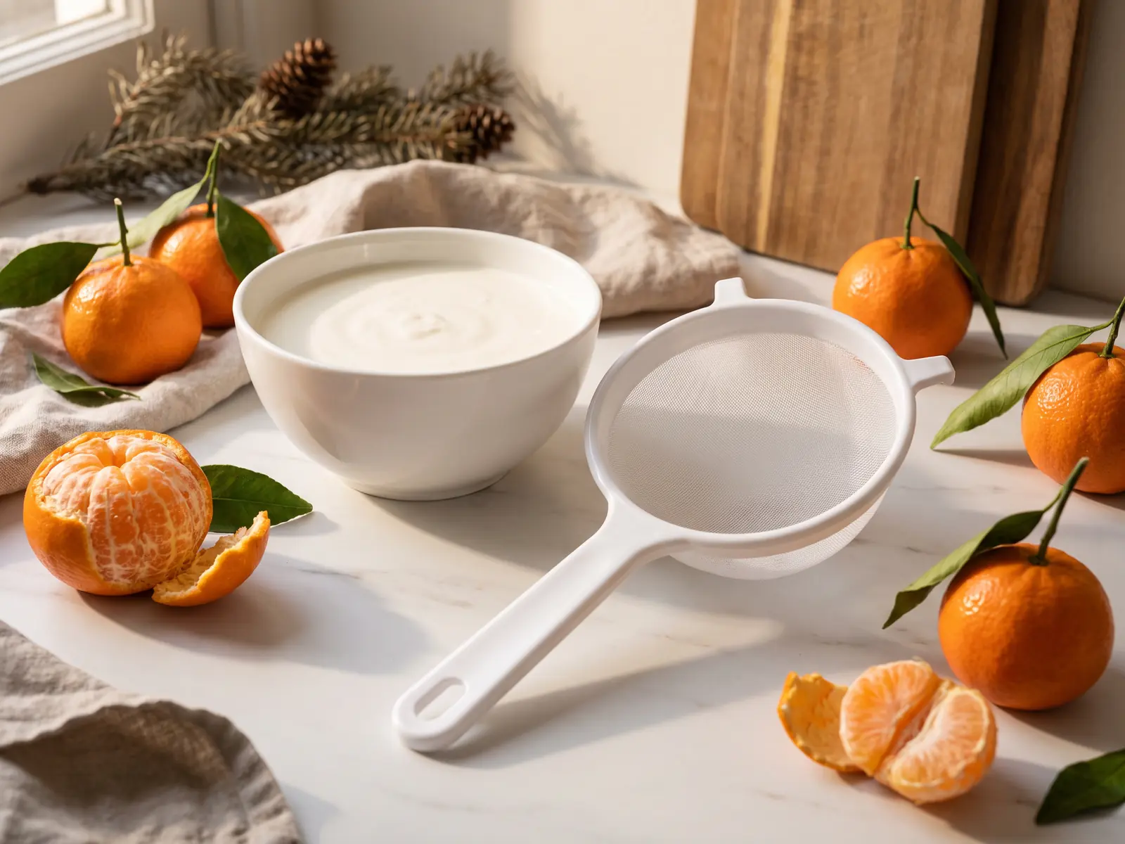 leche fermentada es pasteurizada Kéfir colado en un cuenco con clementinas y colador blanco sobre mármol mate en una escena de invierno