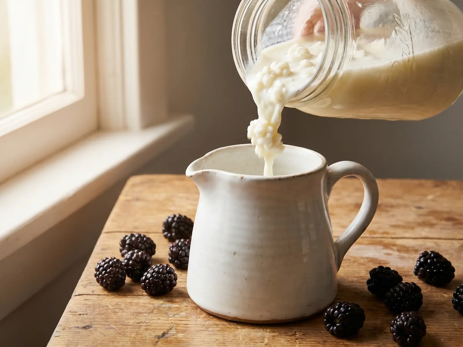 kéfir de agua para principiantes Kéfir servido en una jarra de cerámica blanca con moras frescas junto a una ventana luminosa.